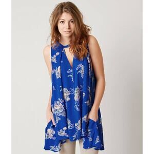 Free People Blue Floral Tree Swing High Low Mini Dress V-Neck Tunic Tank Top